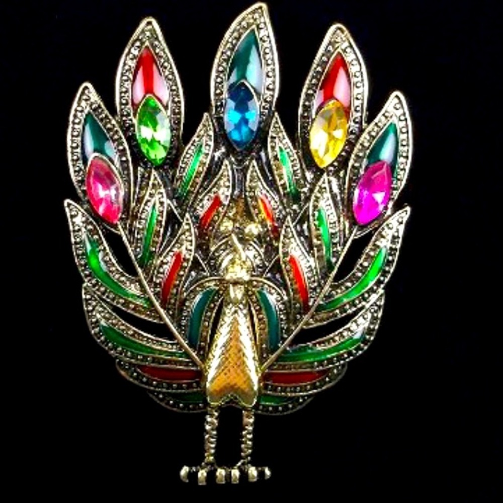 Enameled Rhinestone Peacock Brooch - Picture 2 of 6
